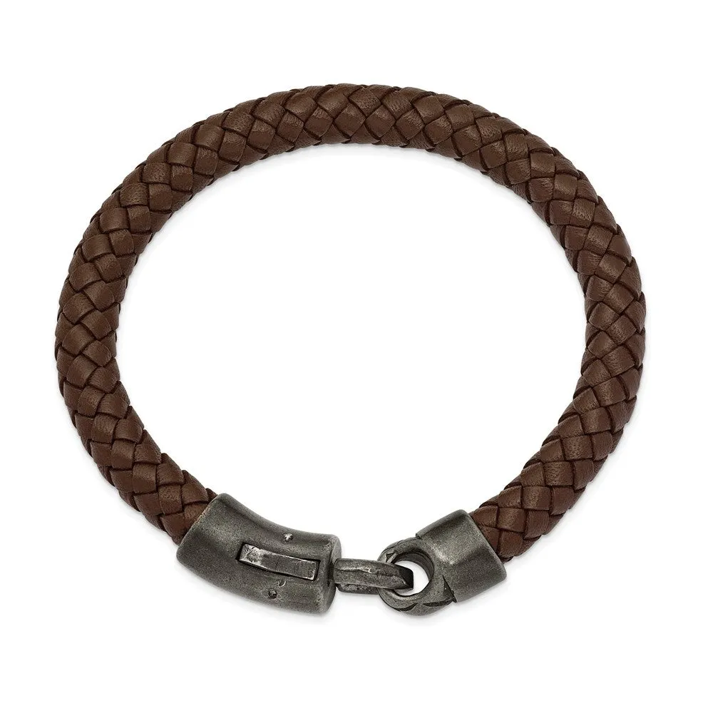 8mm Antiqued WB-Plated Stainless Steel Brown Leather Bracelet, 8.25 In