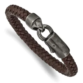 8mm Antiqued WB-Plated Stainless Steel Brown Leather Bracelet, 8.25 In