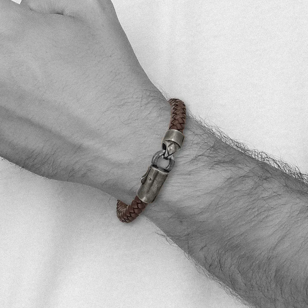 8mm Antiqued WB-Plated Stainless Steel Brown Leather Bracelet, 8.25 In