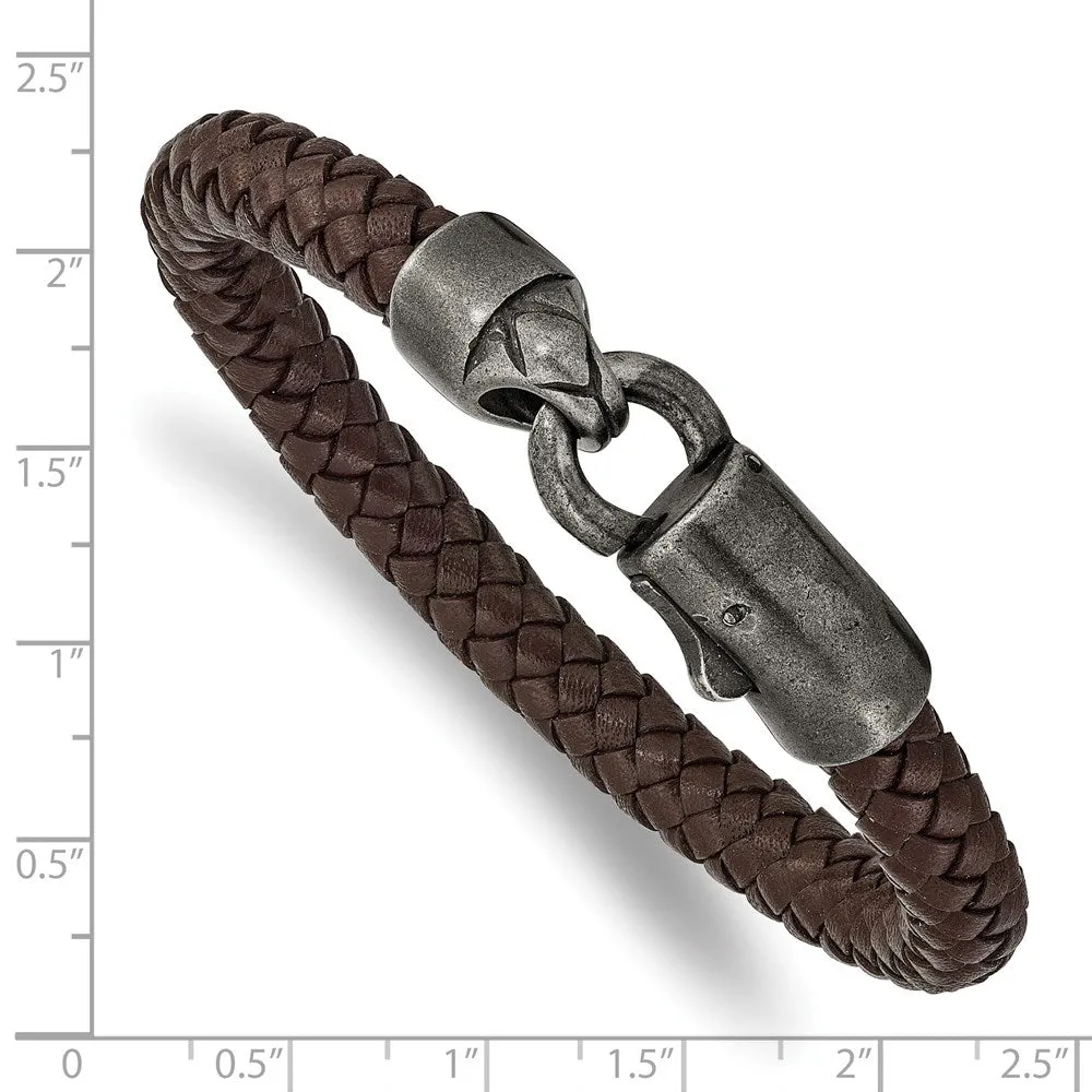 8mm Antiqued WB-Plated Stainless Steel Brown Leather Bracelet, 8.25 In