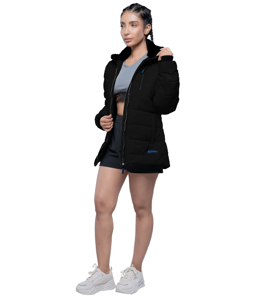 Azaria Womens Black Puffer Jacket With Fur Collar - Winter Down Puff Jacket