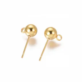 Ball Post Stud Earring Findings, 304 Stainless Steel, With Closed Loop, Golden, 17x6mm