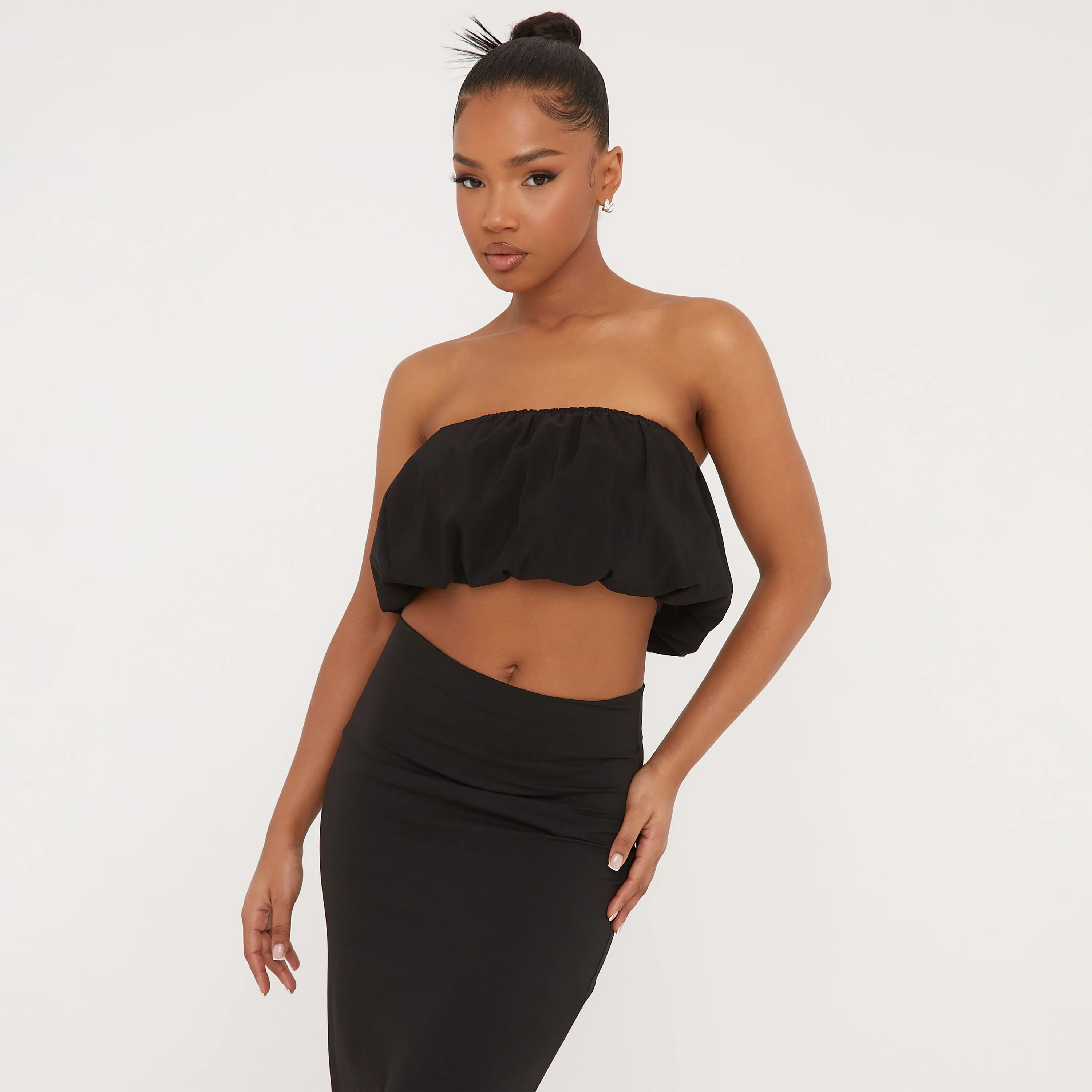 Bandeau Puffball Crop Top In Black