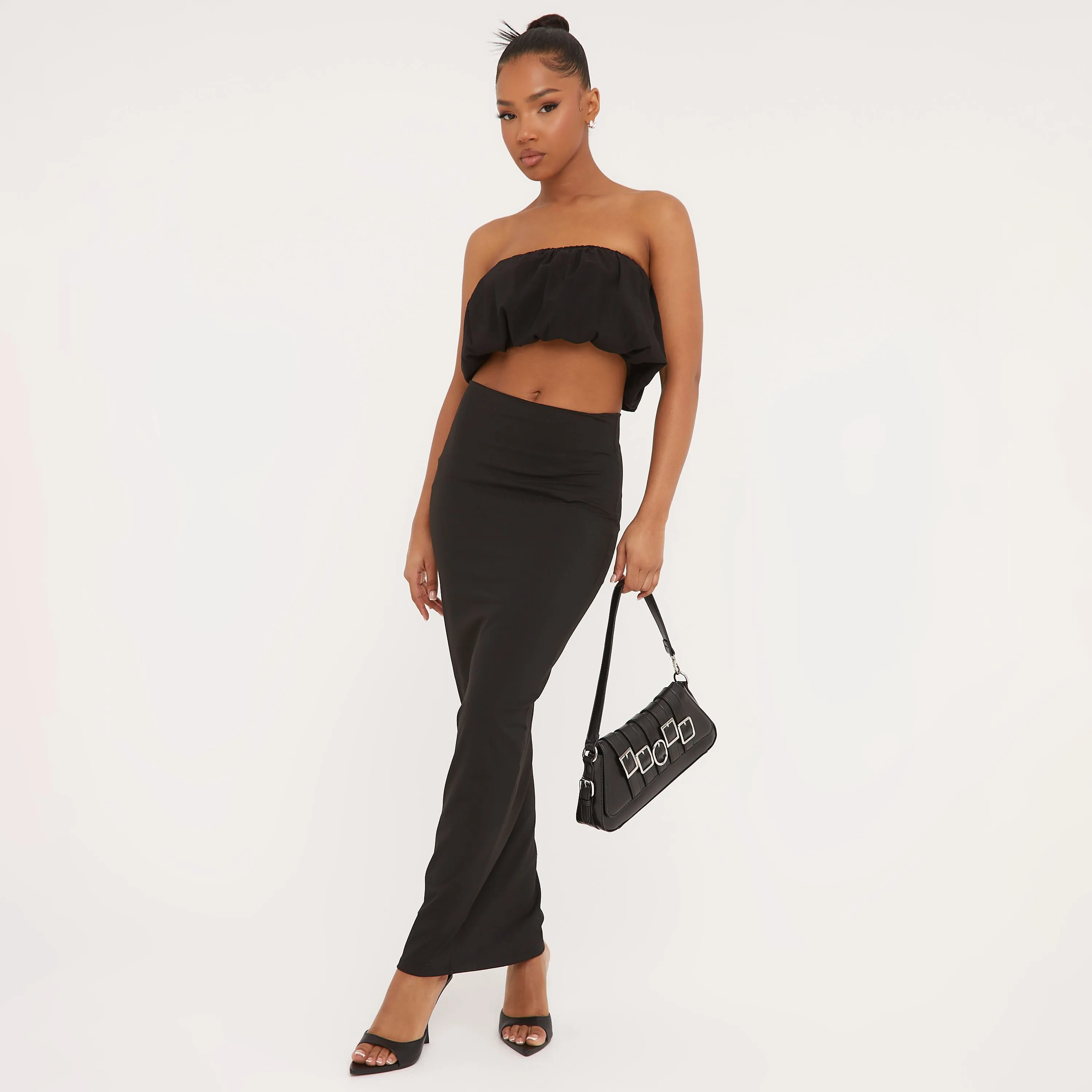 Bandeau Puffball Crop Top In Black