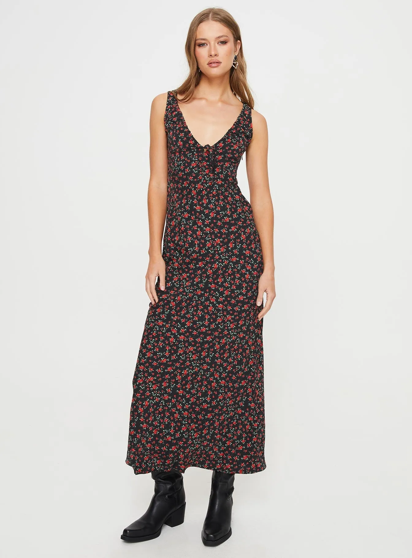 Bareena Bias Cut Maxi Dress Black / Red Floral