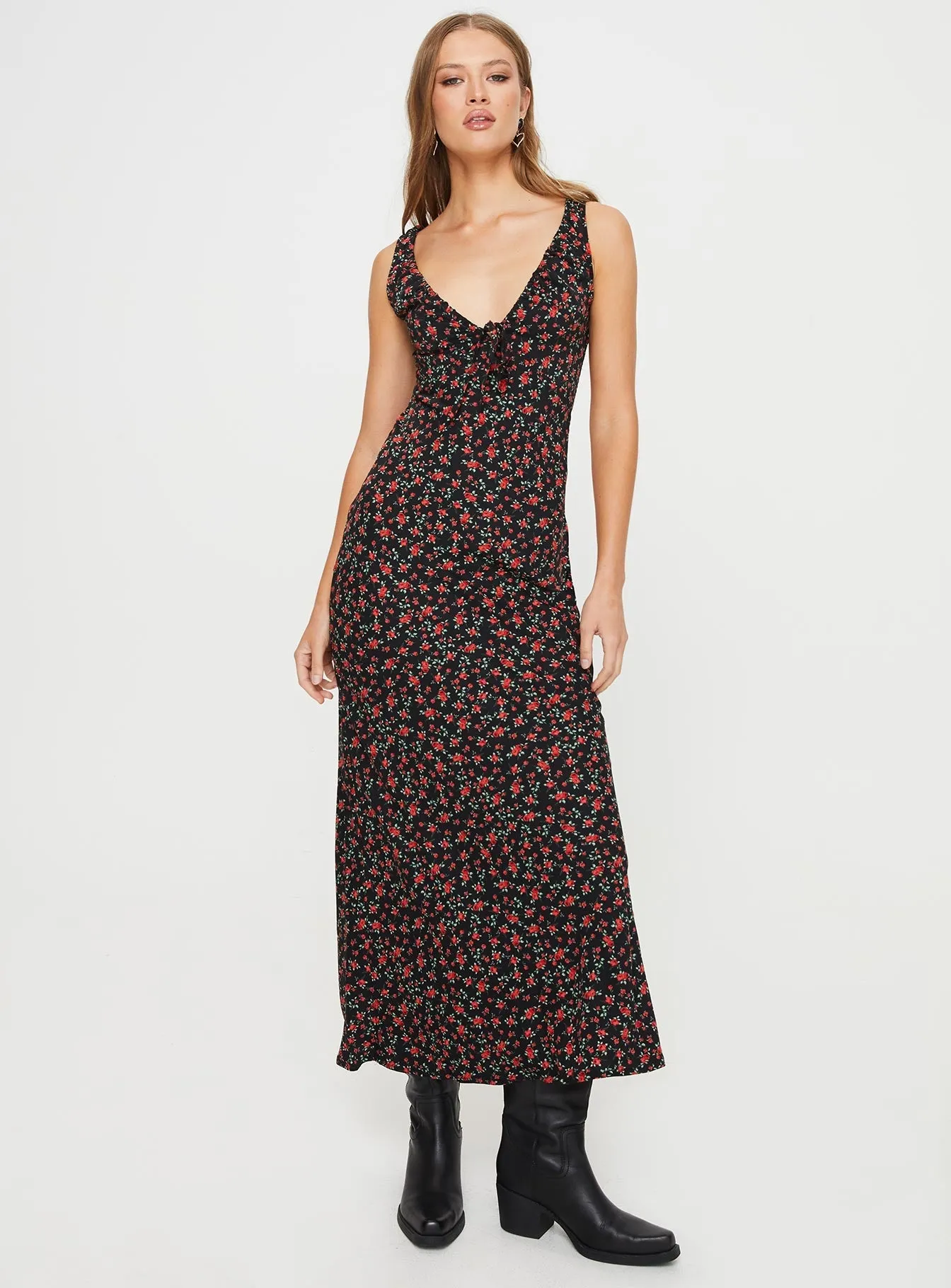 Bareena Bias Cut Maxi Dress Black / Red Floral