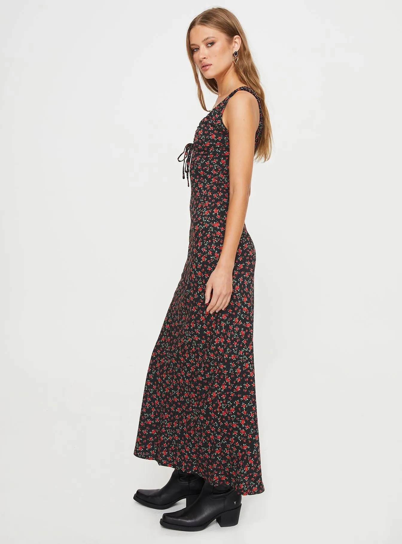 Bareena Bias Cut Maxi Dress Black / Red Floral