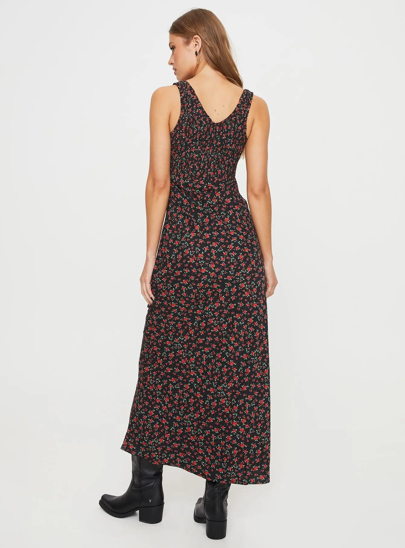 Bareena Bias Cut Maxi Dress Black / Red Floral