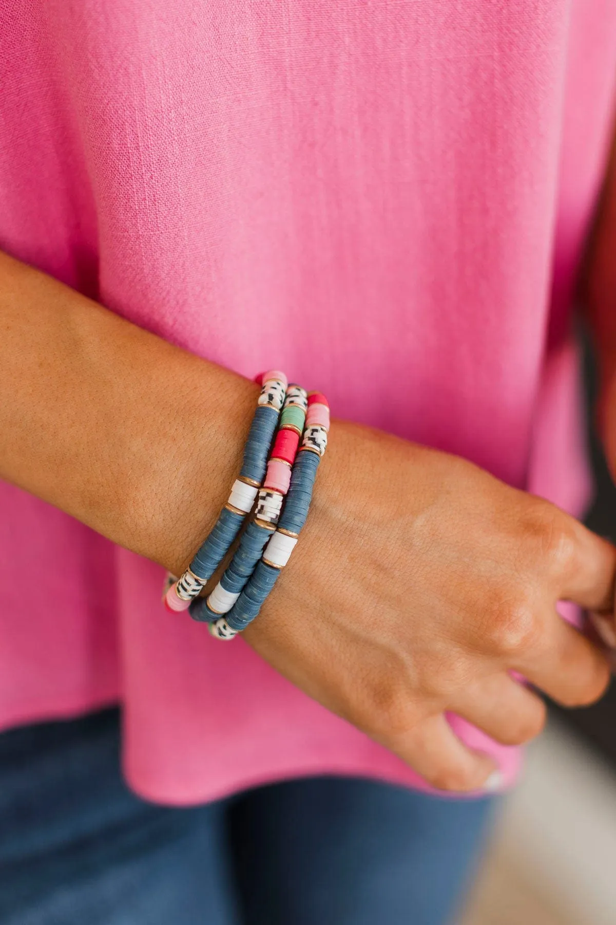 Beautiful Life Beaded Bracelet Set- Navy & Pink