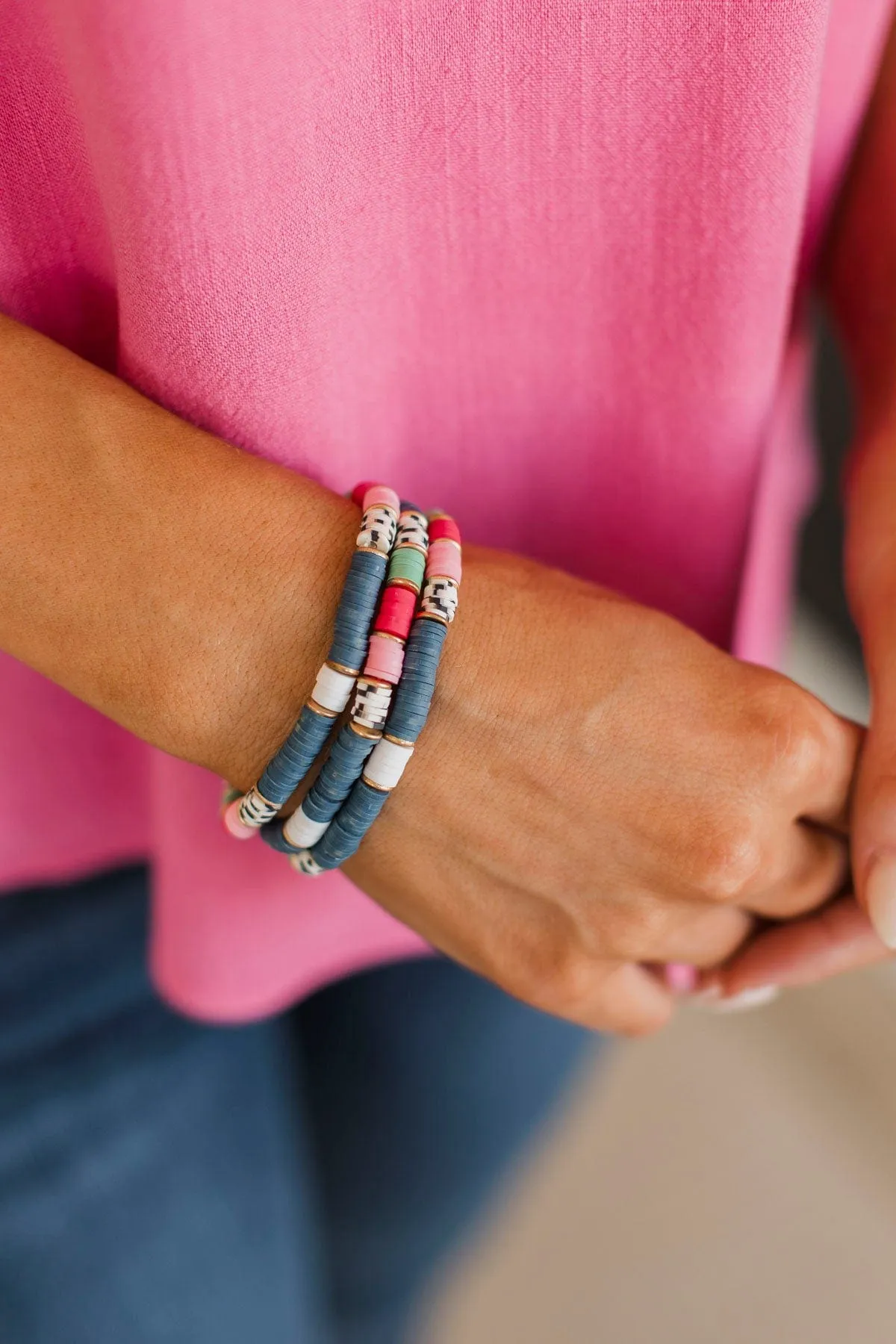 Beautiful Life Beaded Bracelet Set- Navy & Pink