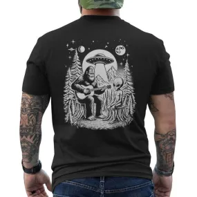 Bigfoot Ufo Alien Around Campfire Nature Hiking Sasquatch Men's T-shirt Back Print