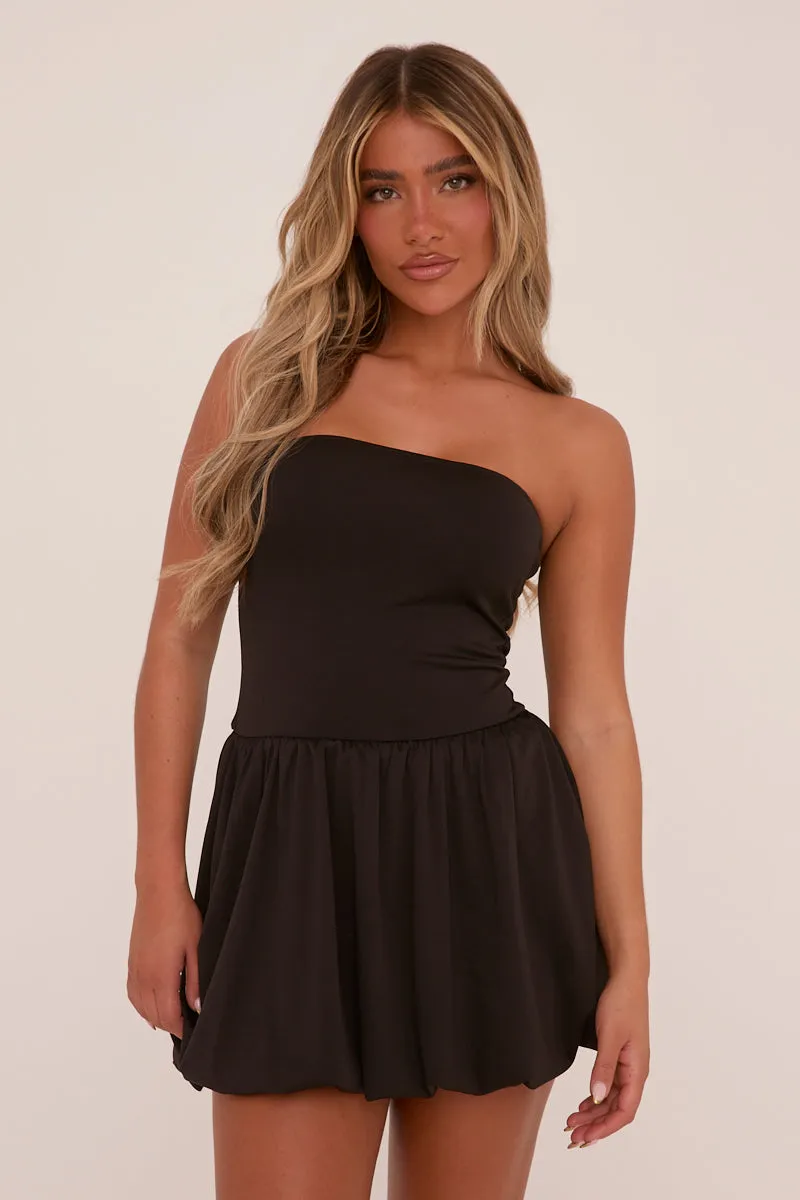 Black Bandeau Drop Waist Puffball Detail Mini Dress - Saffiya