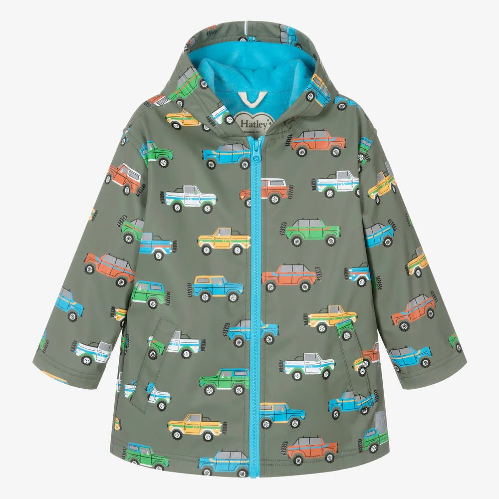 Boys Green Cars Hooded Raincoat