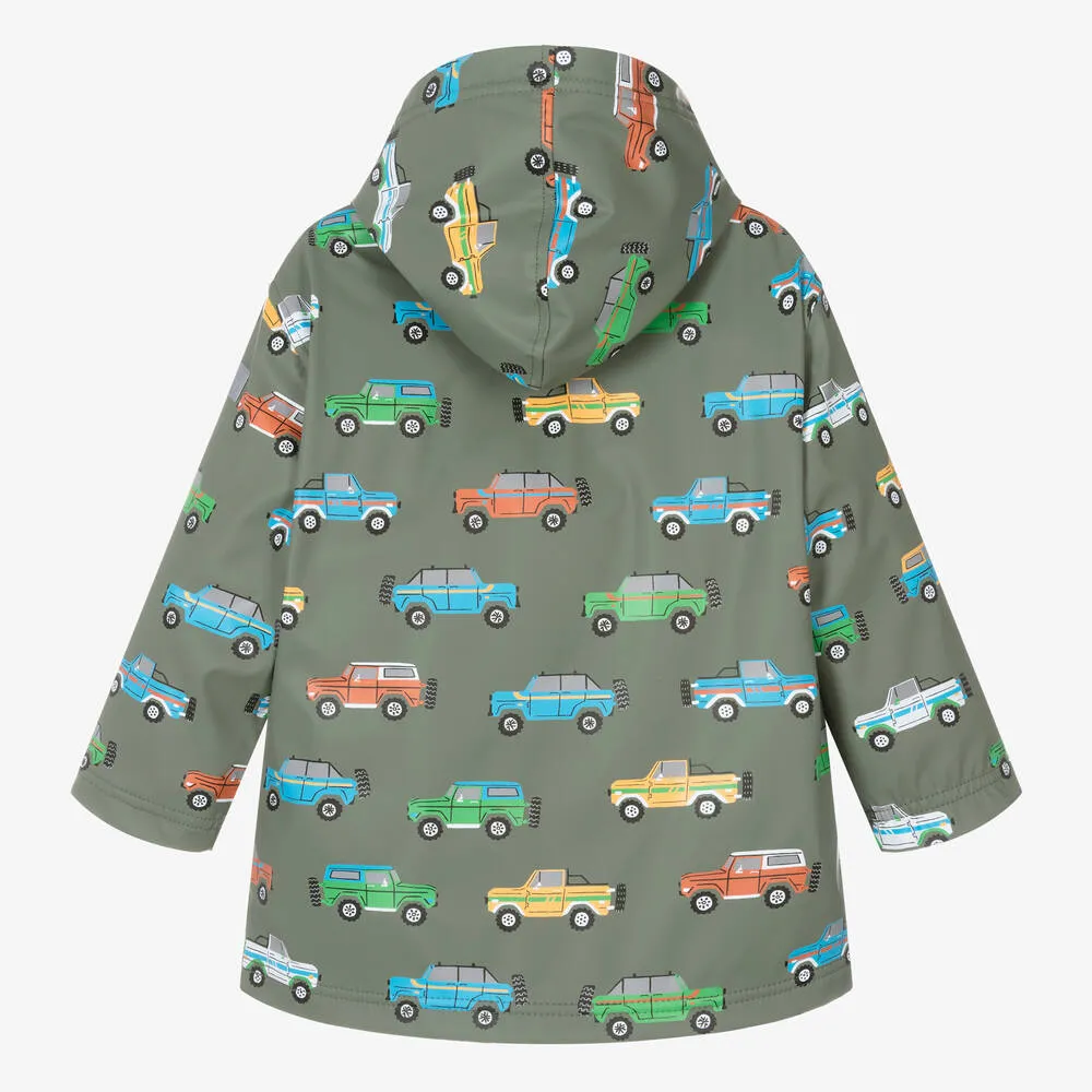 Boys Green Cars Hooded Raincoat