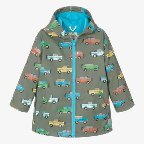 Boys Green Cars Hooded Raincoat