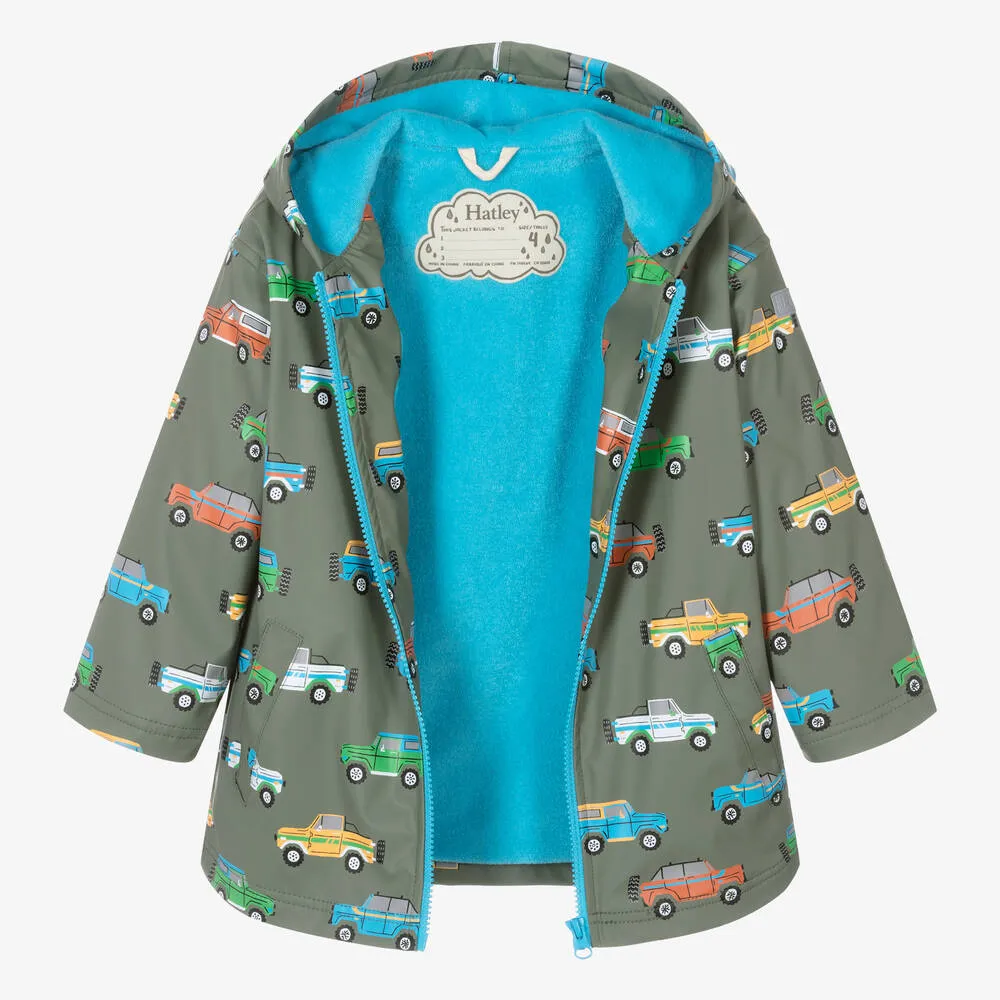 Boys Green Cars Hooded Raincoat