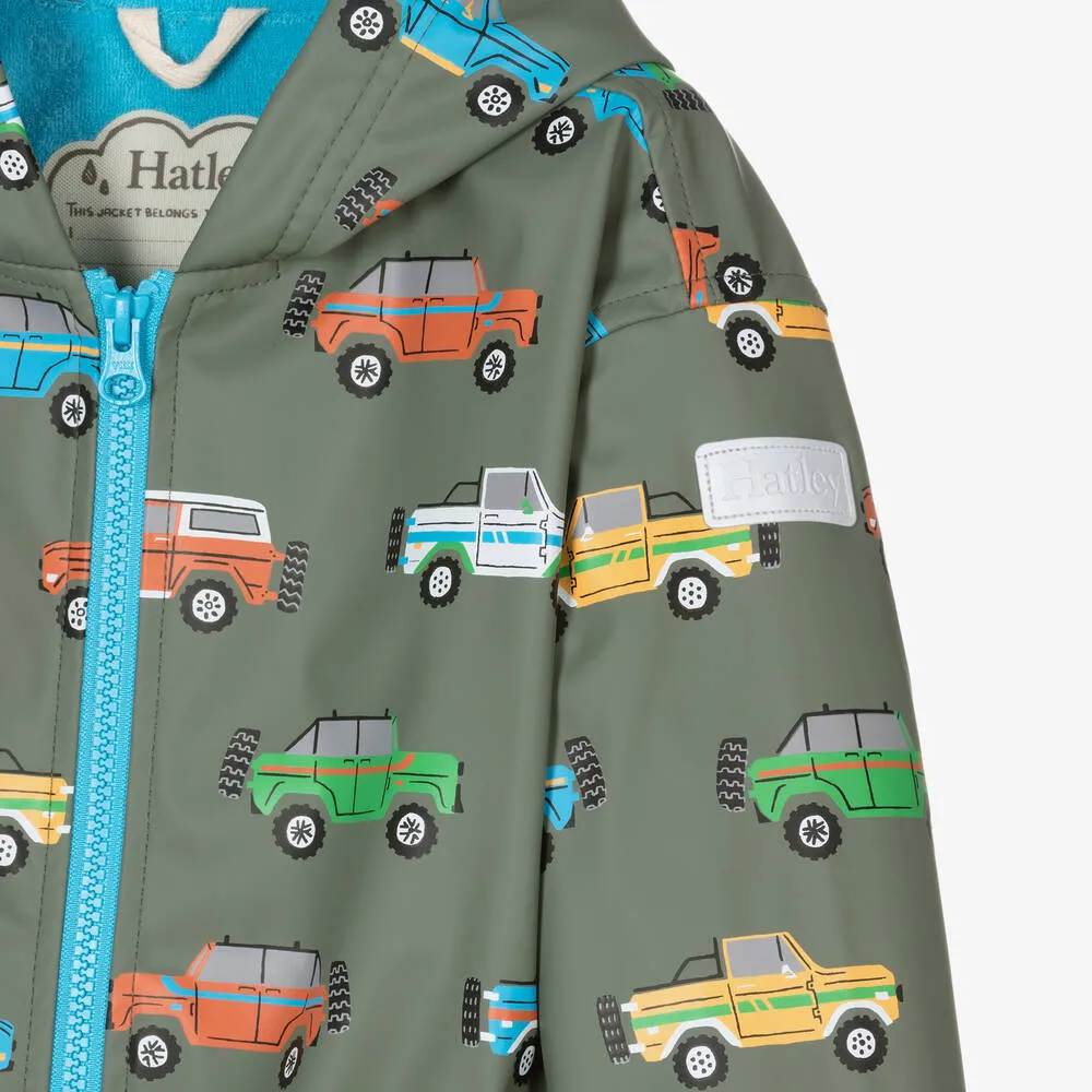 Boys Green Cars Hooded Raincoat