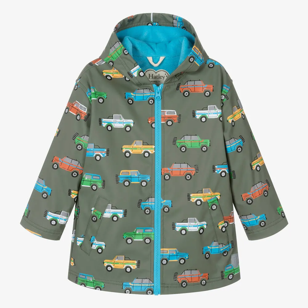 Boys Green Cars Hooded Raincoat