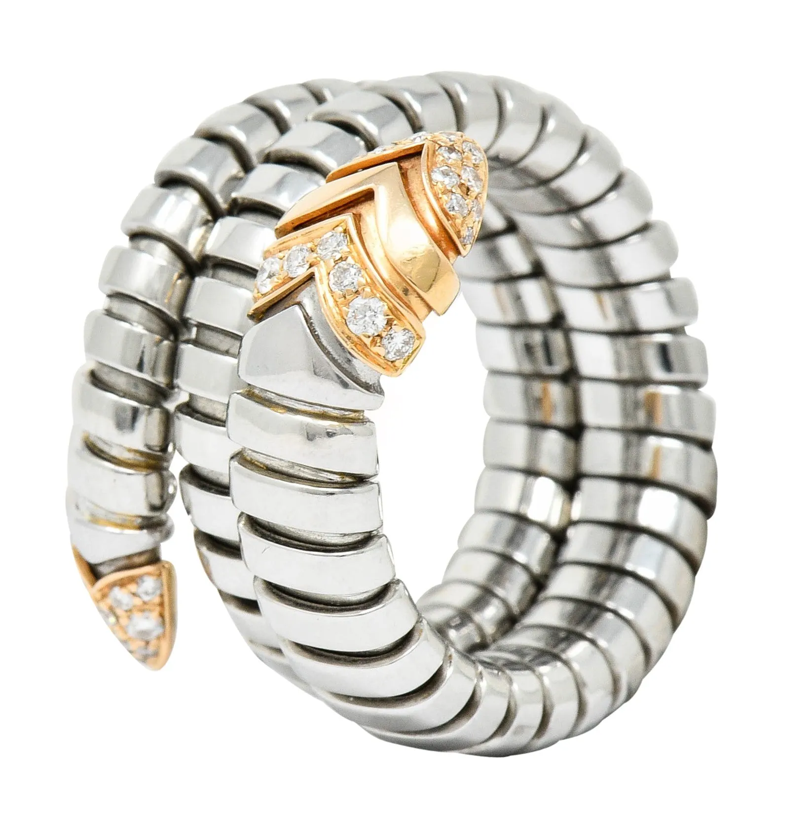 Bulgari Diamond 18 Karat Rose Gold Steel Tubogas Serpenti Ring