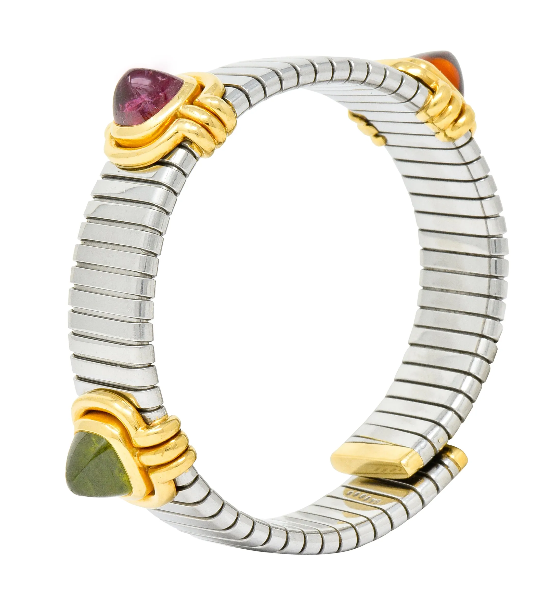 Bulgari Vintage Citrine Peridot Tourmaline Stainless Steel 18 Karat Gold Tubogas Cuff Bracelet