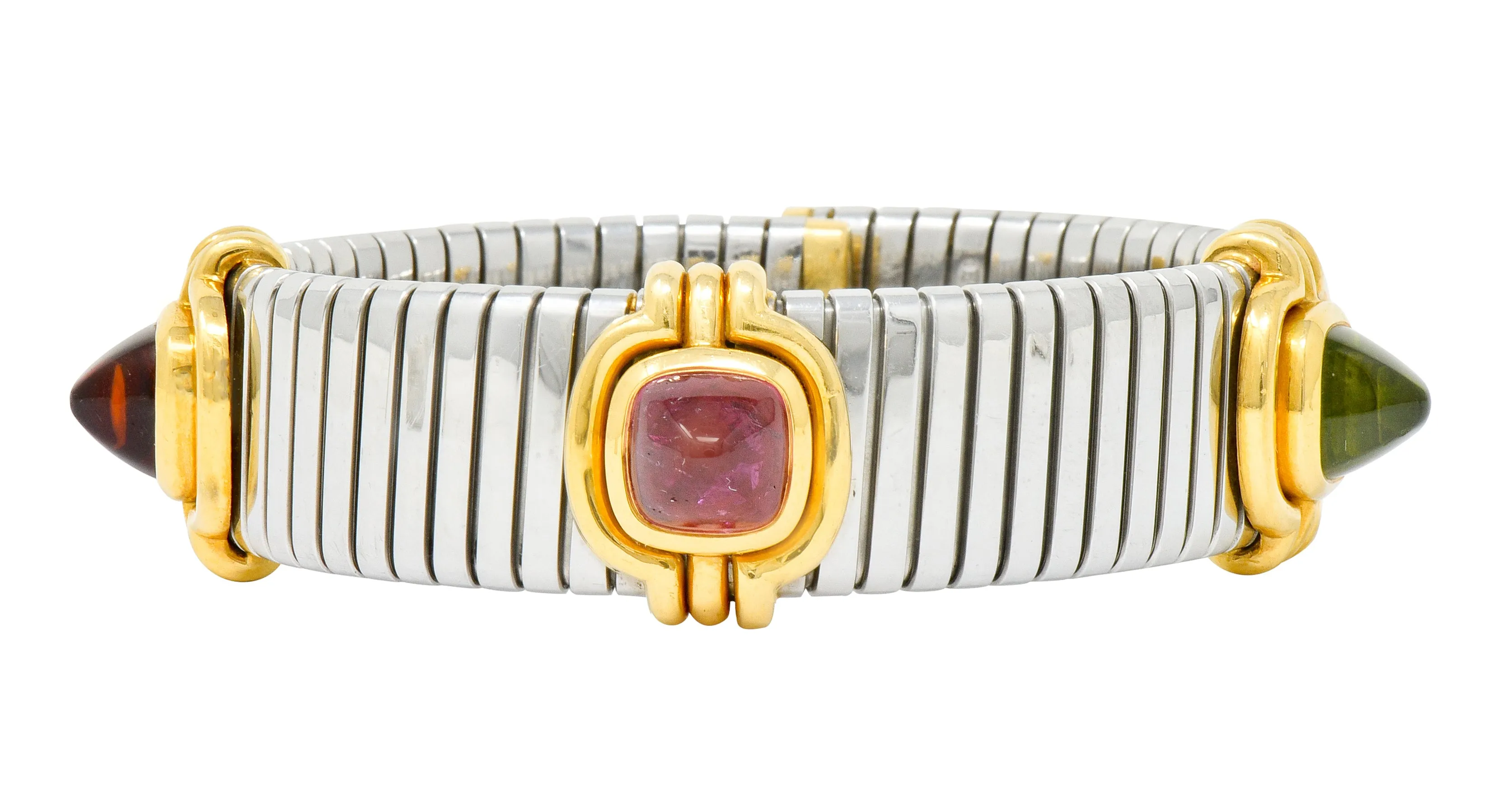 Bulgari Vintage Citrine Peridot Tourmaline Stainless Steel 18 Karat Gold Tubogas Cuff Bracelet