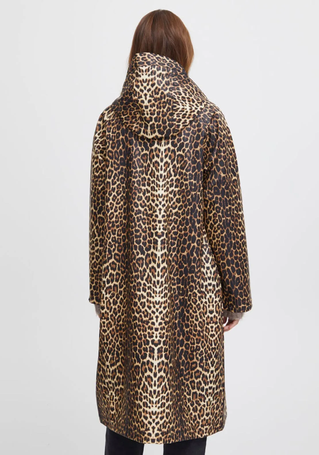 b.young Leopard Print Long Raincoat, Black Multi