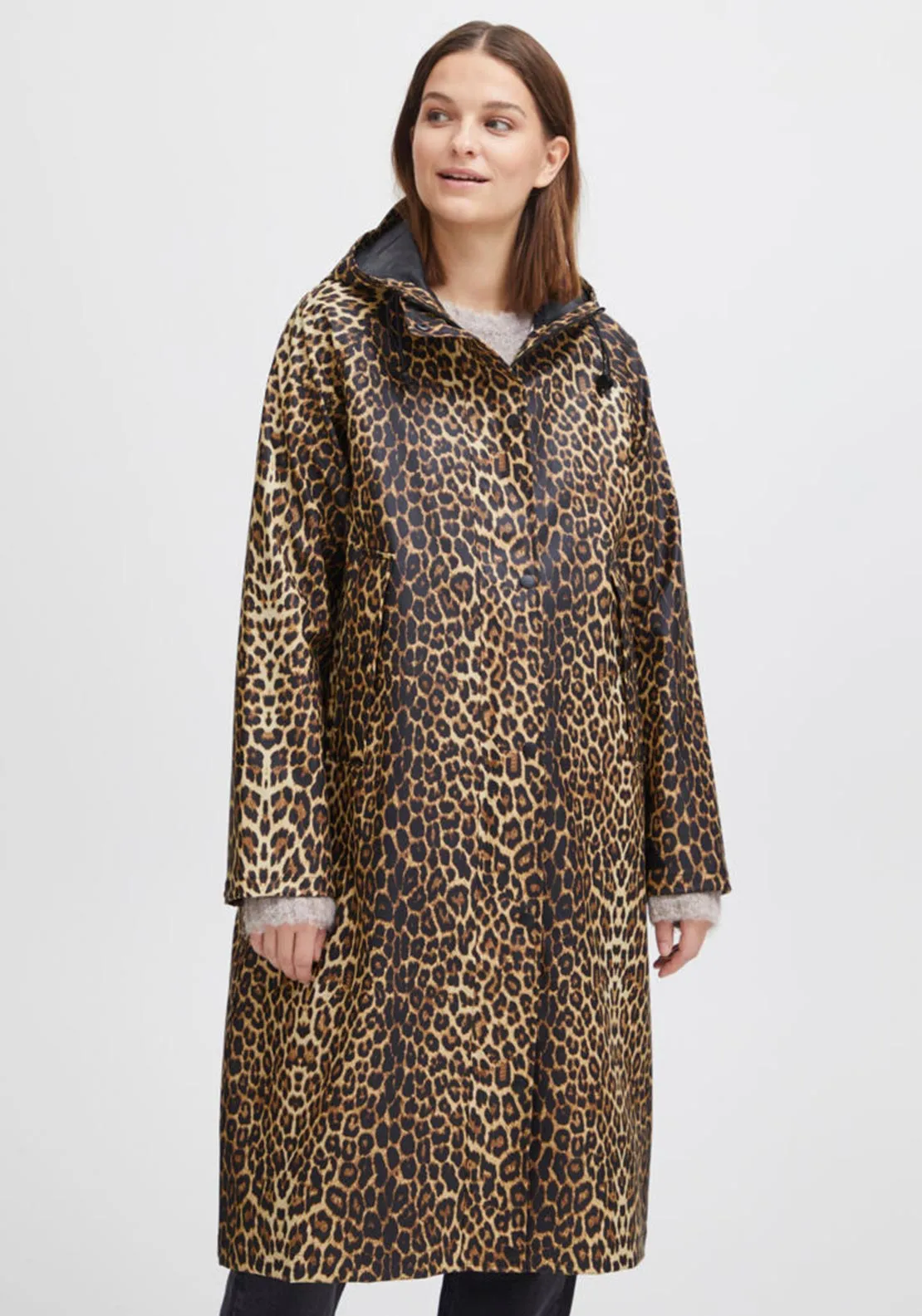 b.young Leopard Print Long Raincoat, Black Multi