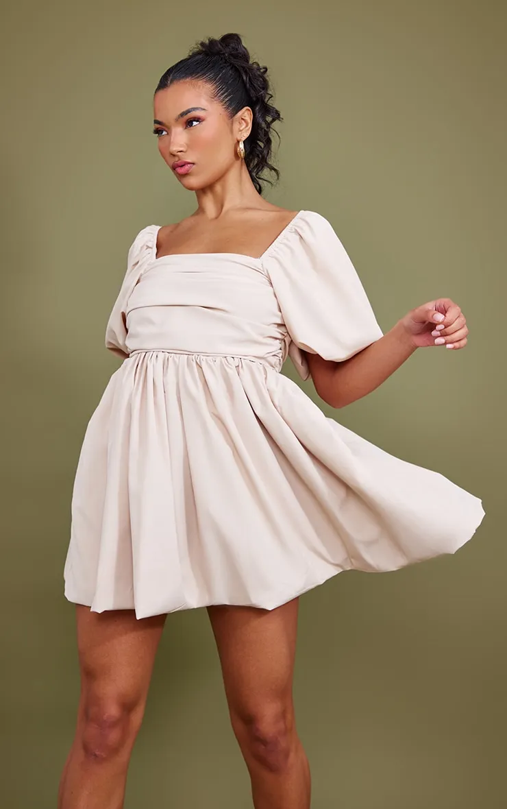 Cream Puff Sleeve Ruched Puffball Shift Dress