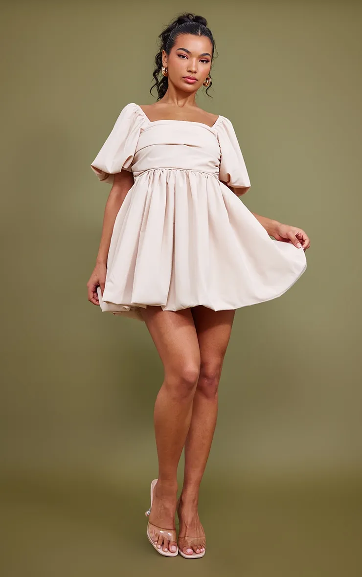 Cream Puff Sleeve Ruched Puffball Shift Dress