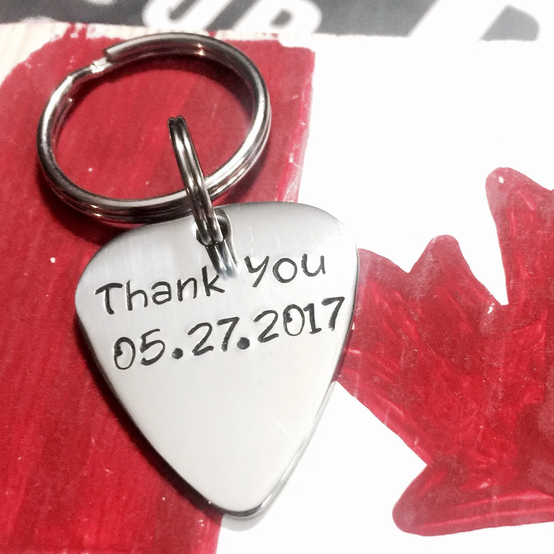 Custom Hand Stamped Guitar Pick Key chain