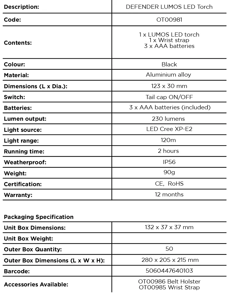 DEFENDER – LUMOS POLICE ISSUE LED TORCH