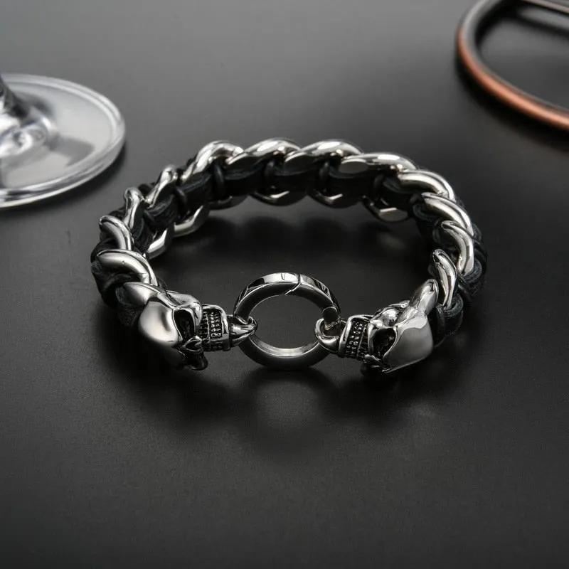 Dual Skull Stainless Steel Bracelet with Woven Cowhide