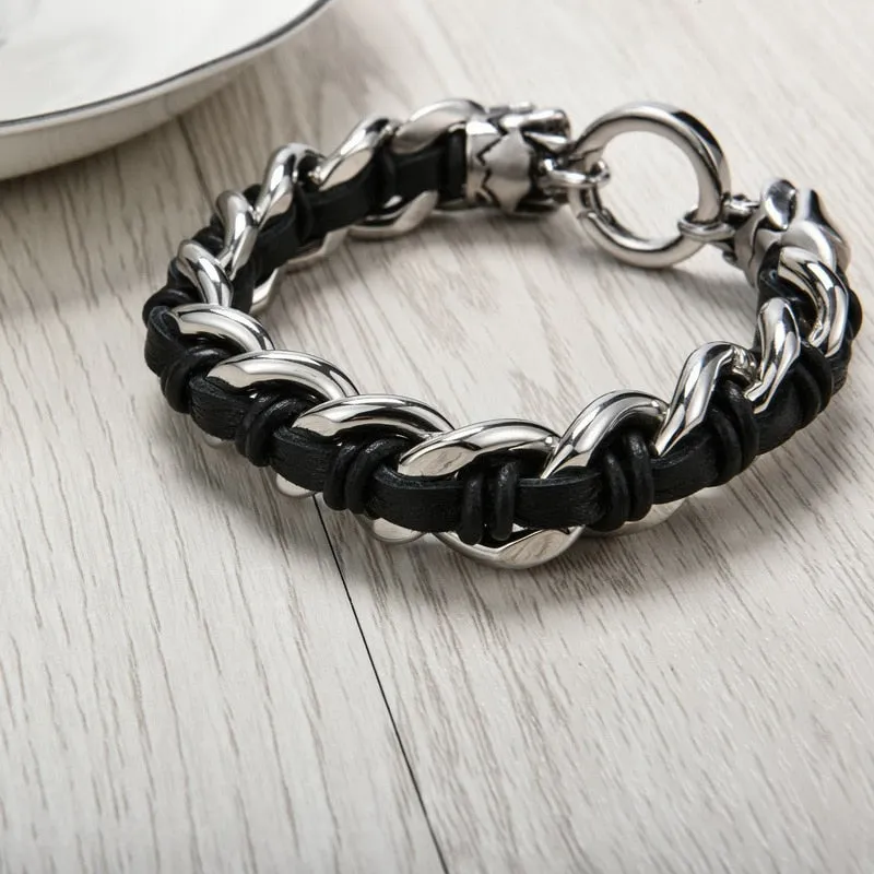 Dual Skull Stainless Steel Bracelet with Woven Cowhide