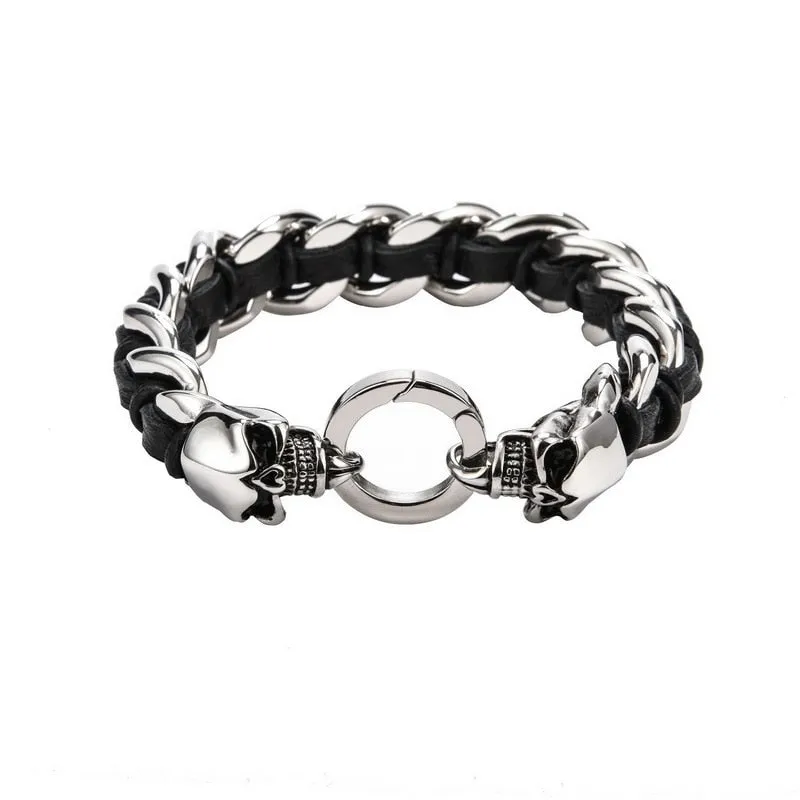 Dual Skull Stainless Steel Bracelet with Woven Cowhide