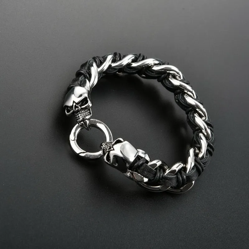 Dual Skull Stainless Steel Bracelet with Woven Cowhide