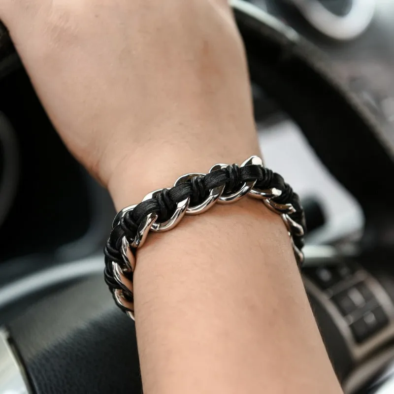 Dual Skull Stainless Steel Bracelet with Woven Cowhide