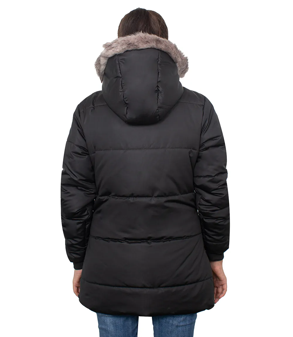 Ella Black Women's Long Puffer Parka Jacket with Faux Fur Trim Hood