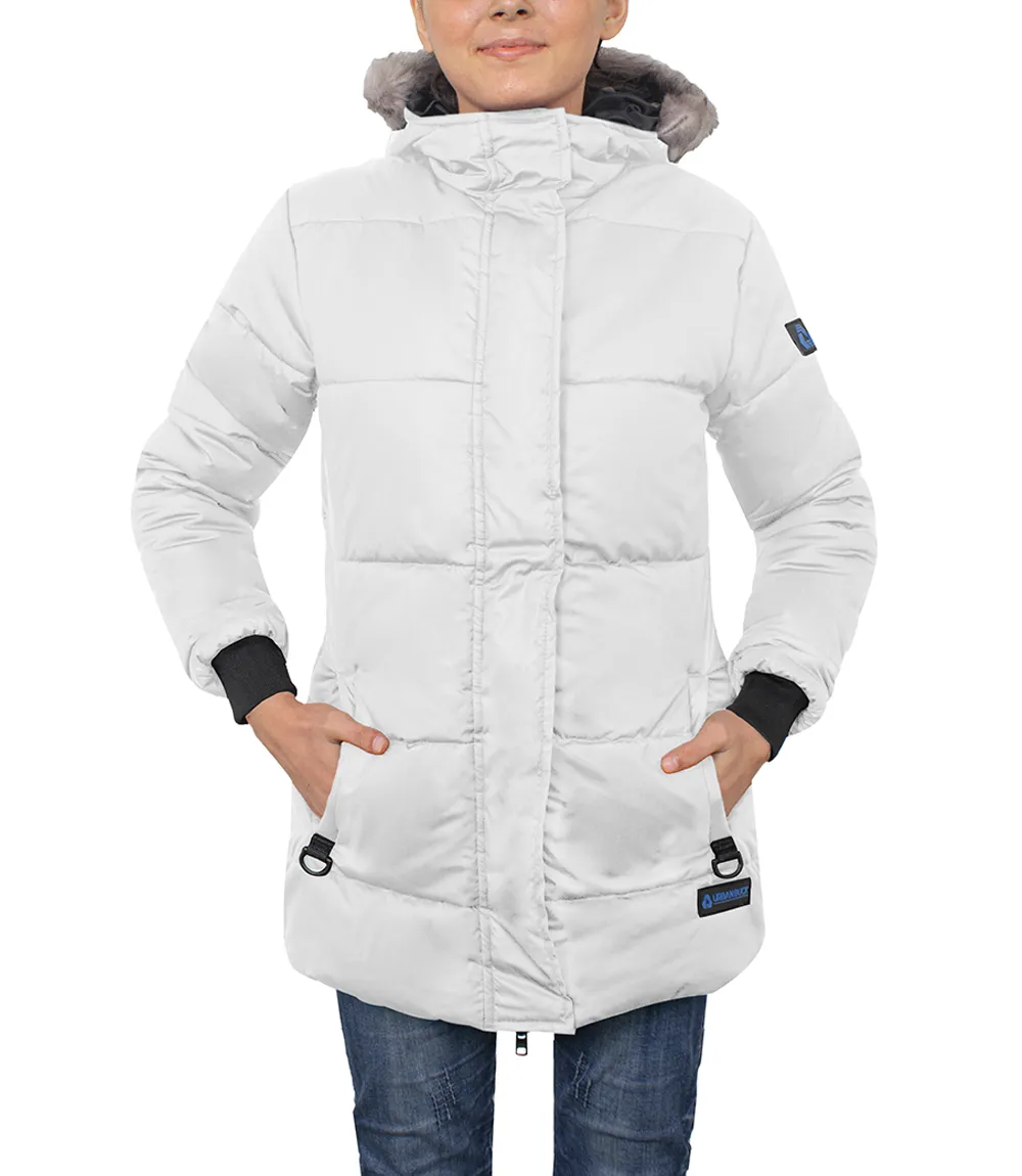 Ella White Hooded Women's Long Parka Puffer Jacket With Fur Collar