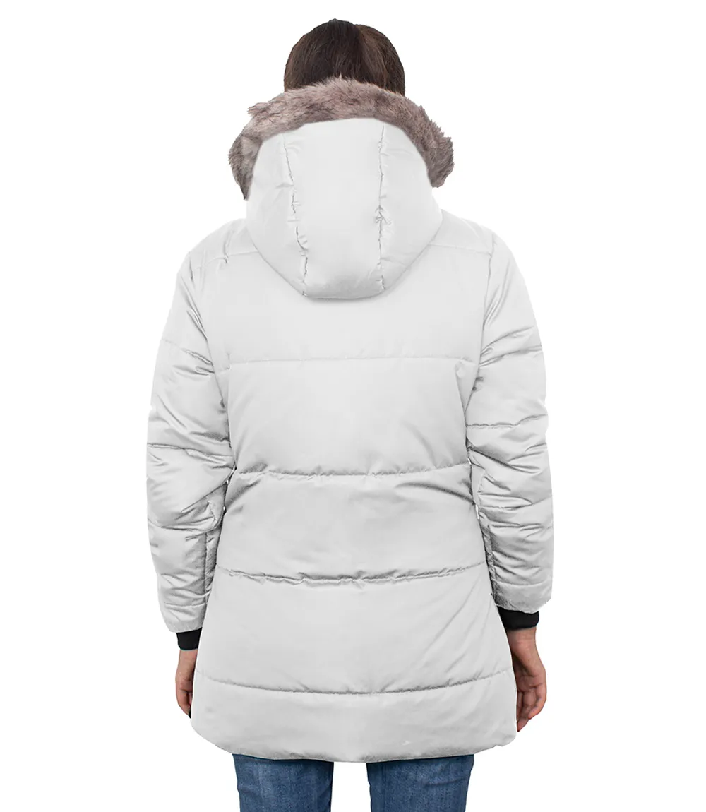 Ella White Hooded Women's Long Parka Puffer Jacket With Fur Collar