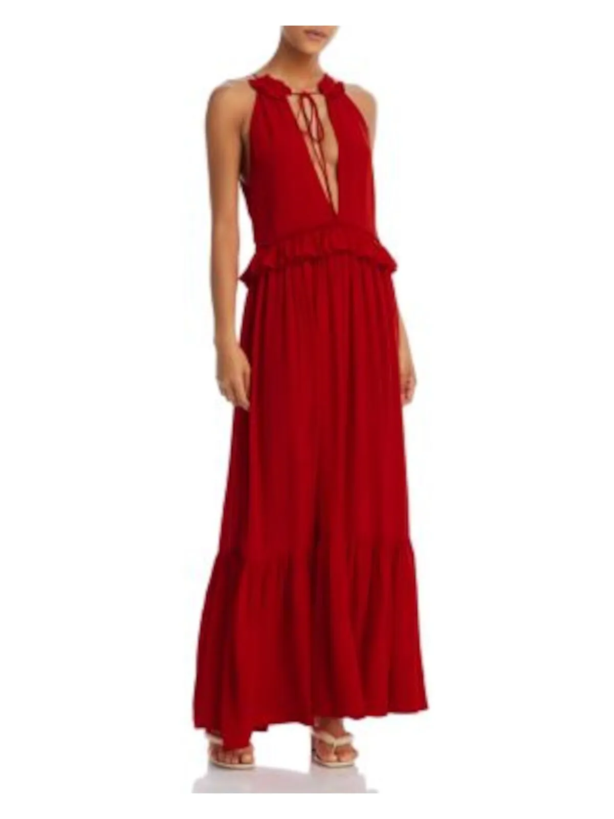 EVARAE Womens Red Ruffled Tie Back Cutout Flounce Hem Lined Sleeveless V Neck Maxi Party Dress