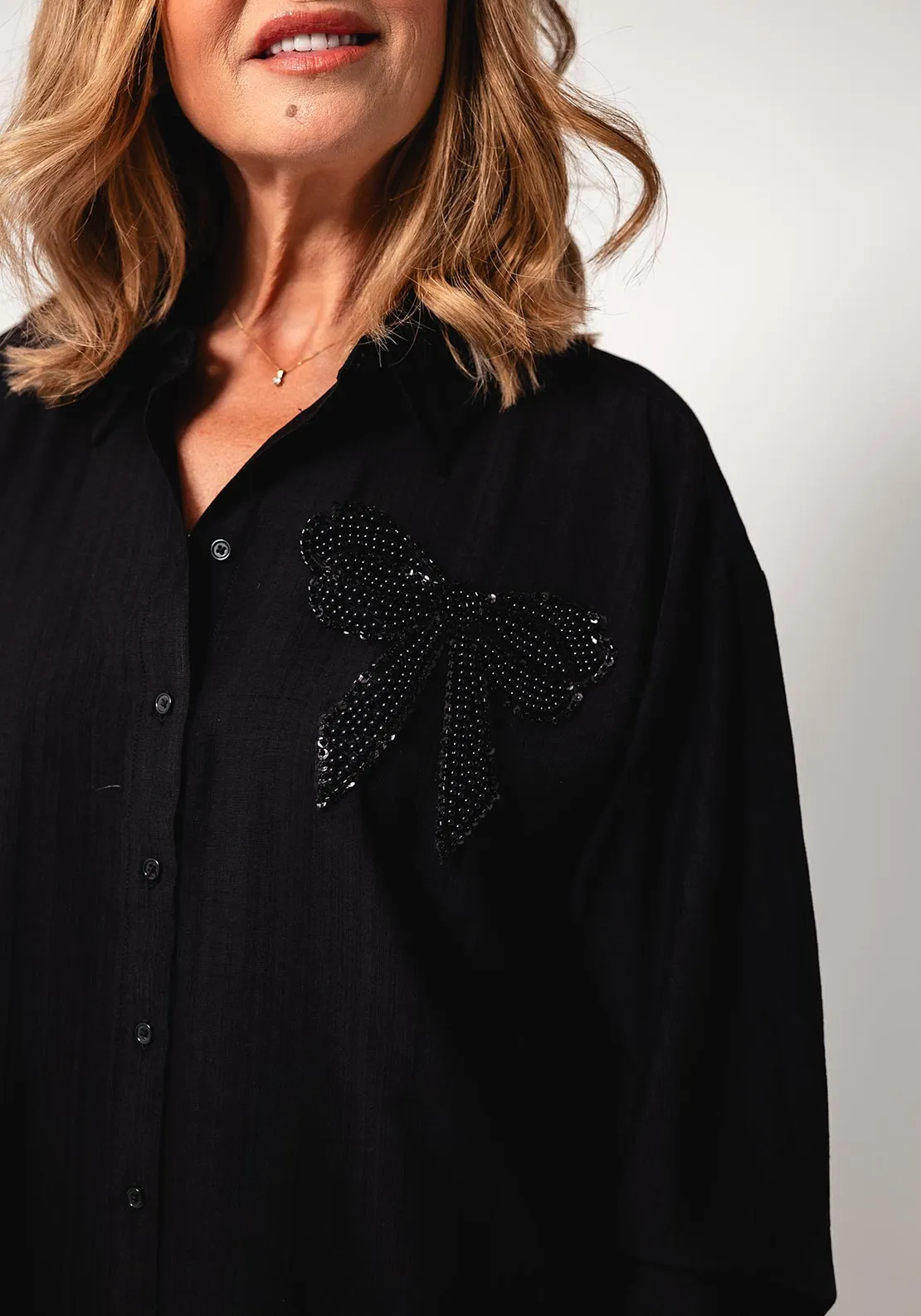 Freequent Bowy Beaded Bow Blouse, Black