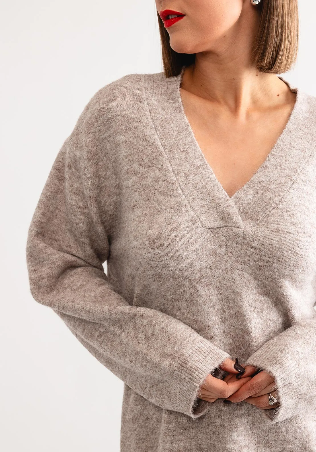 Freequent Gresevalin Knit V Neck Jumper, Taupe