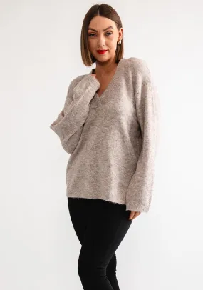 Freequent Gresevalin Knit V Neck Jumper, Taupe