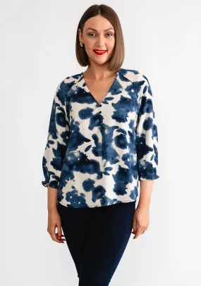 Freequent Julie Blur Print V Neck Blouse, Blue