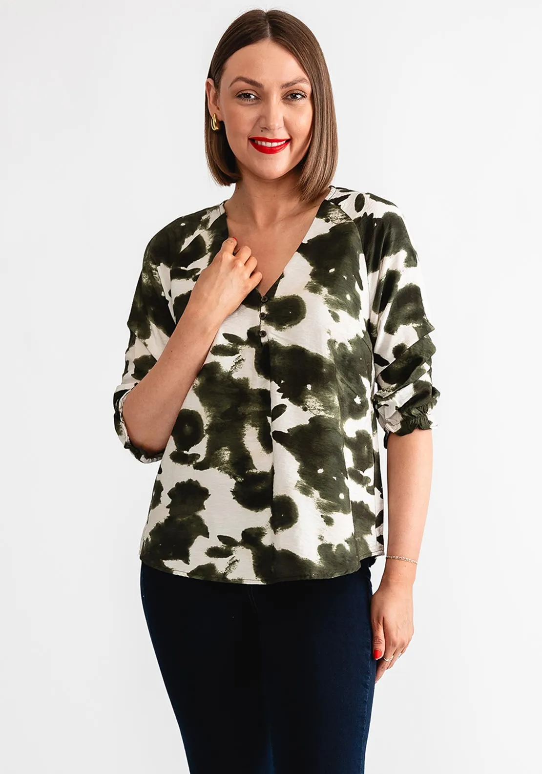 Freequent Julie Blur Print V Neck Blouse, Green