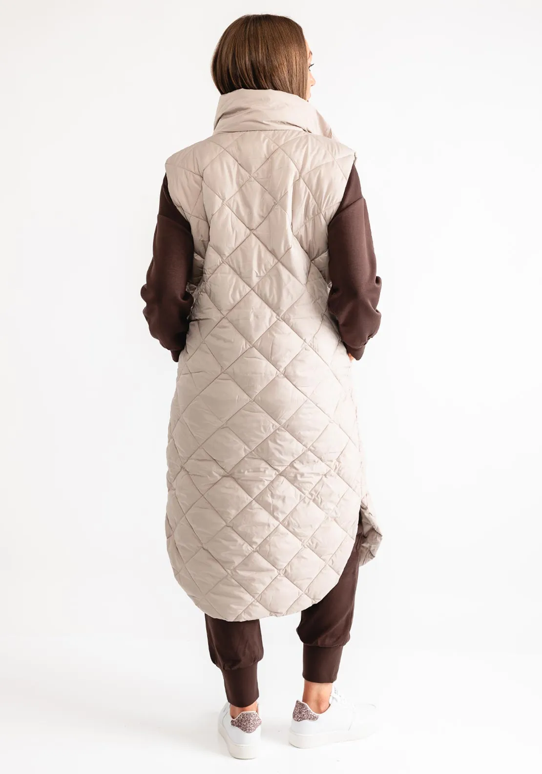 Freequent Long Quilted Gilet, Taupe