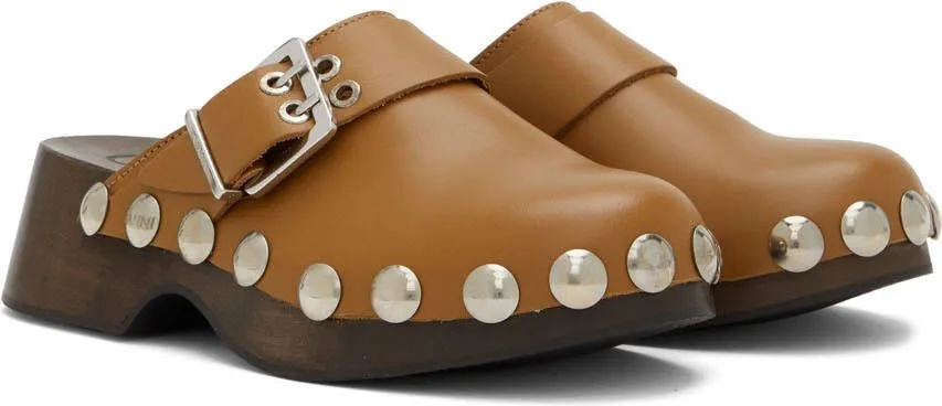 GANNI Brown Studded Clogs