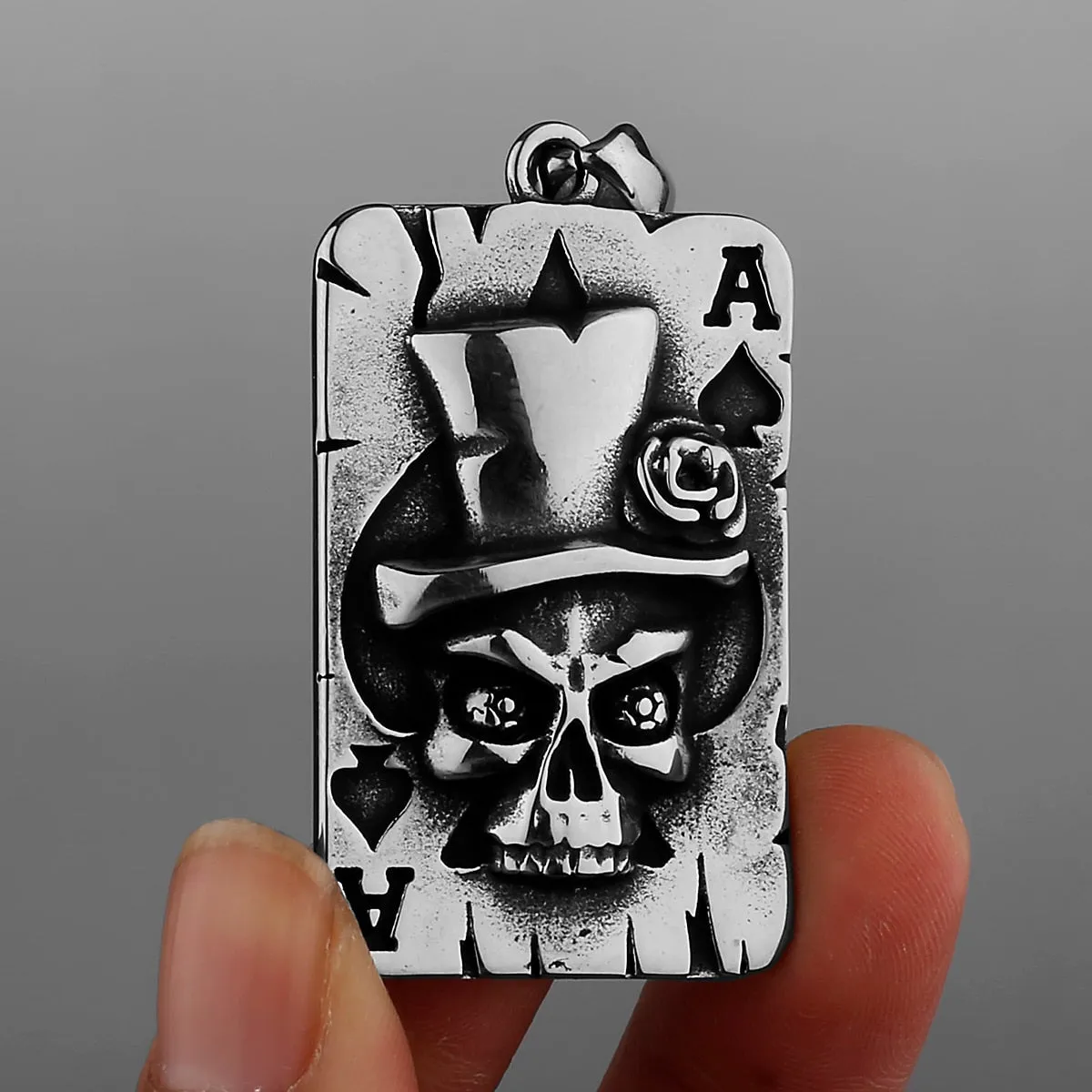 Heavy Stainless Steel Spade Ace Skull Pendant Necklace