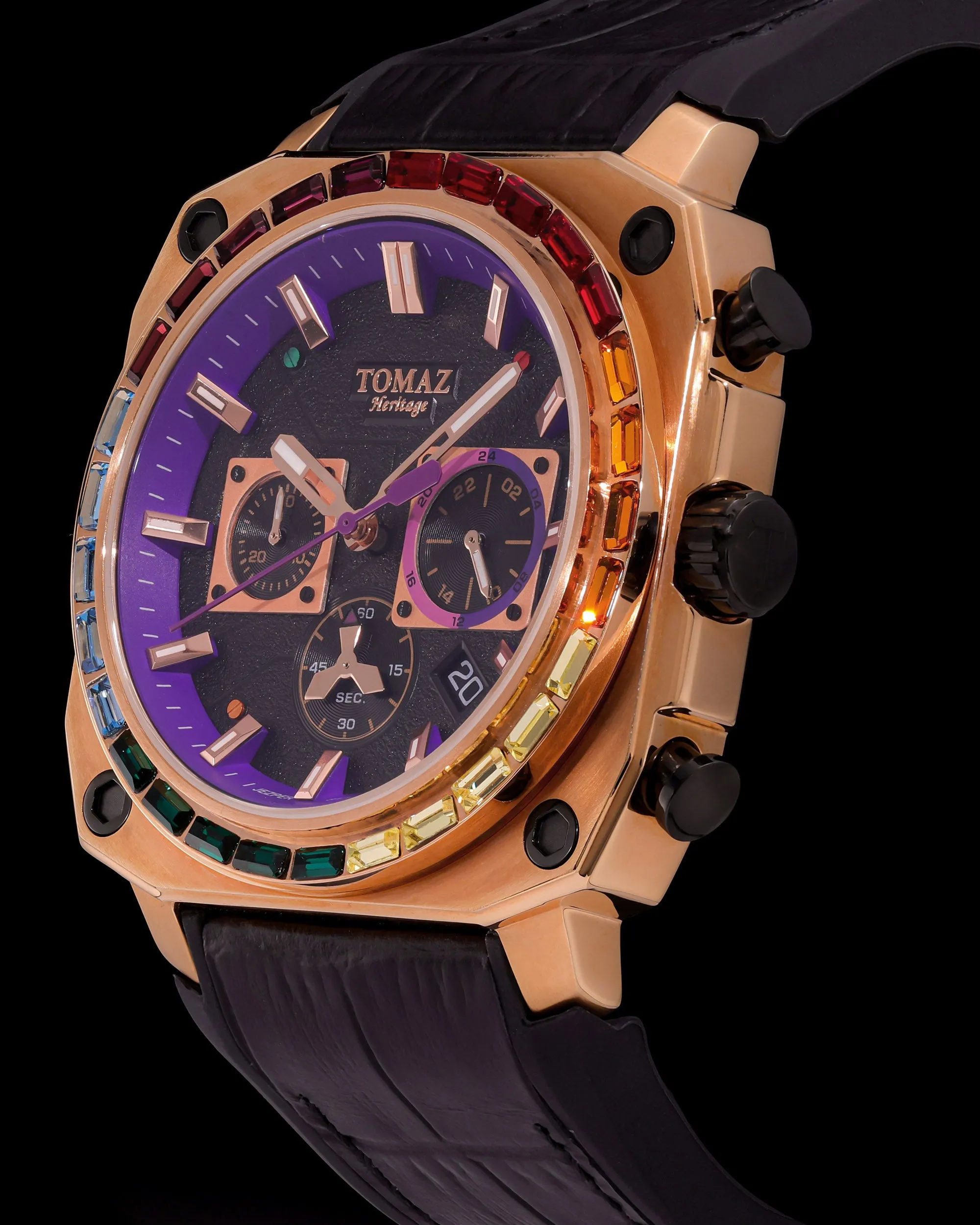 Jezper TQ021B-D12 (Rosegold) with Rainbow Swarovski (Purple Bamboo Rubber Strap)