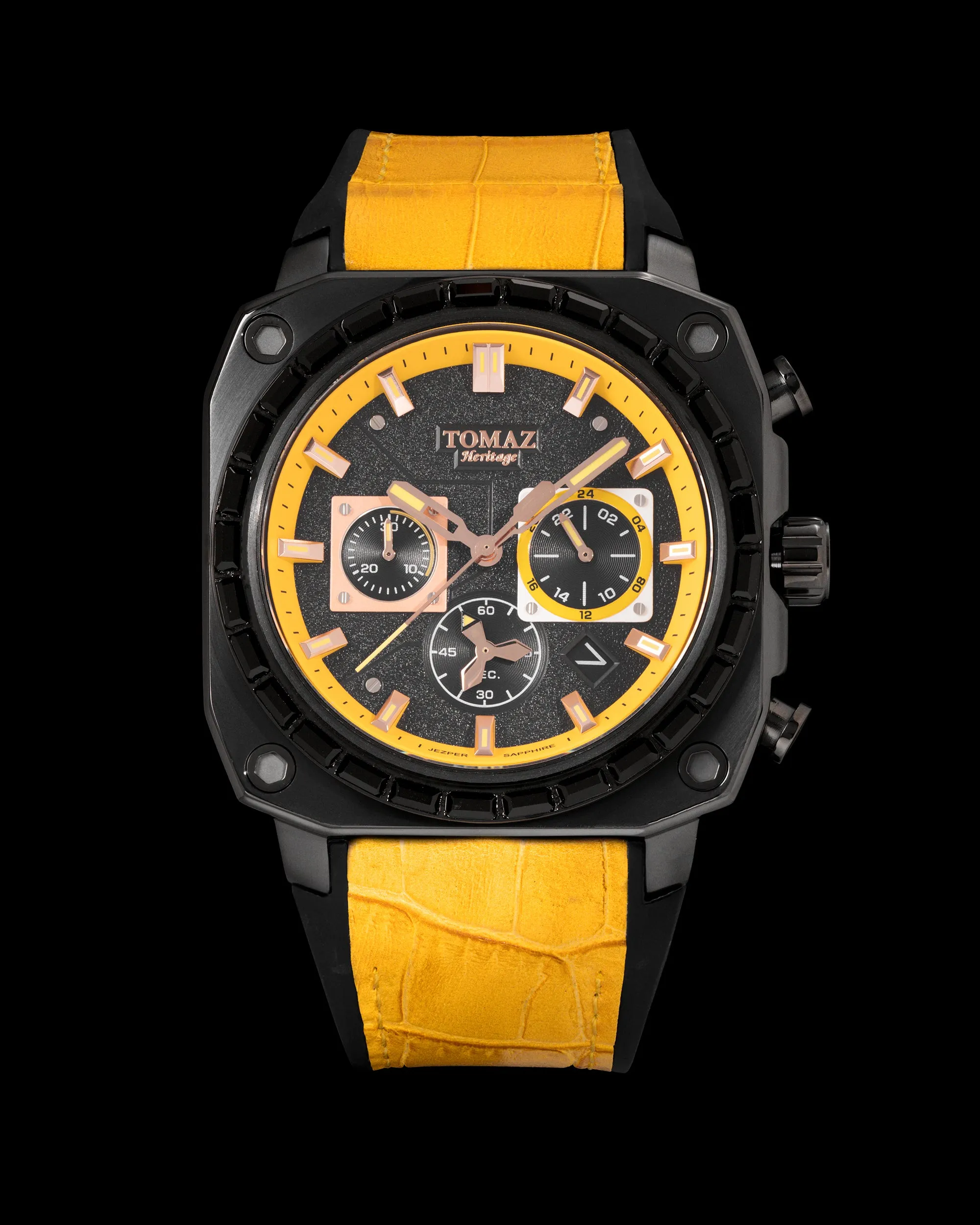 Jezper TQ021B-D2 (Black) with Black Swarovski (Yellow Bamboo Rubber Strap)